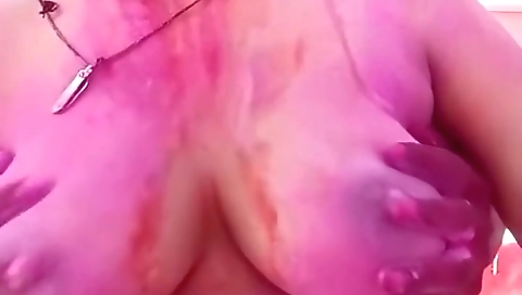 Husband Is Playing Big Boobs Of Pregnant Wife In Holi - Huge Boobs